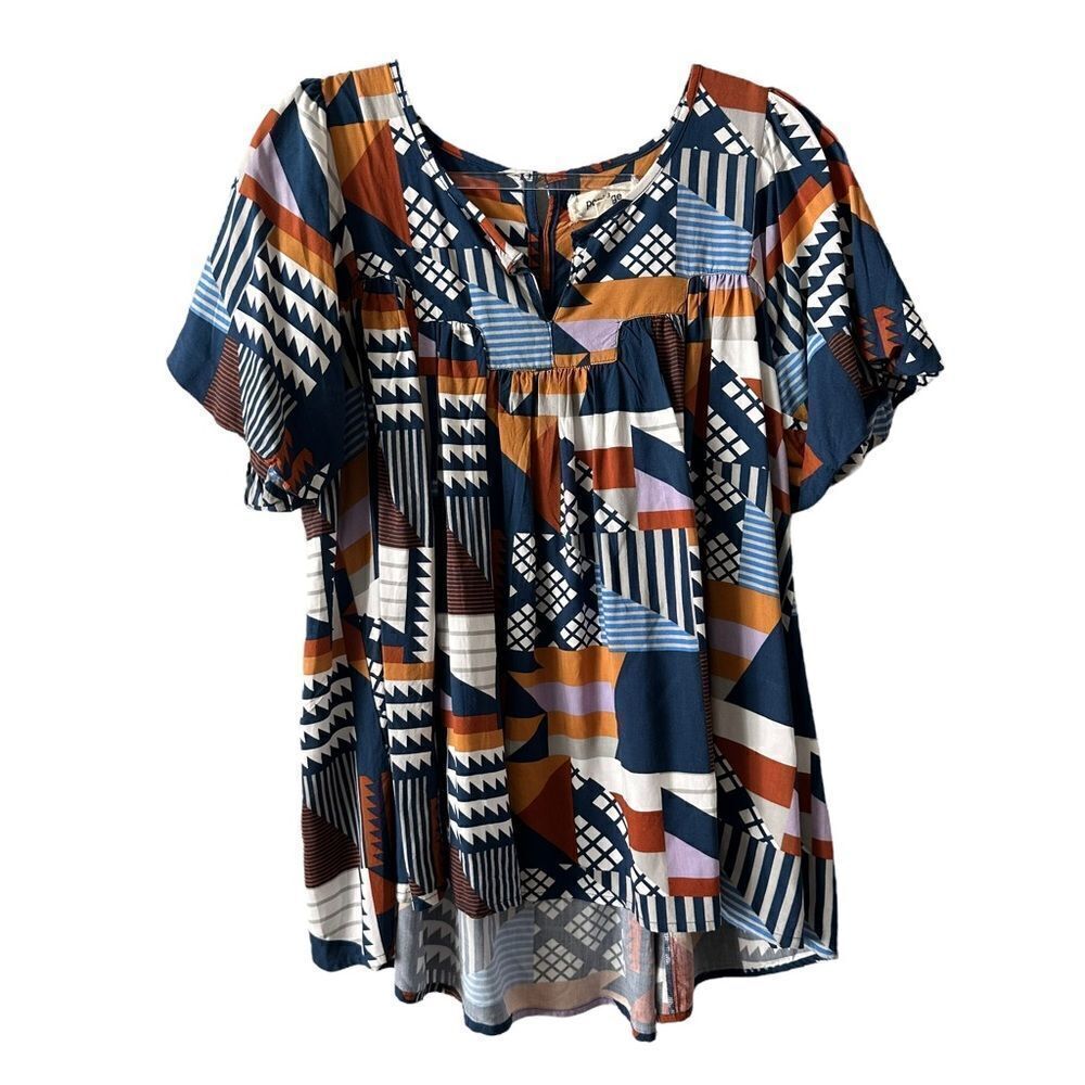 Anthropologie Porridge short sleeved flowy abstract print top w/asymmetrical hem